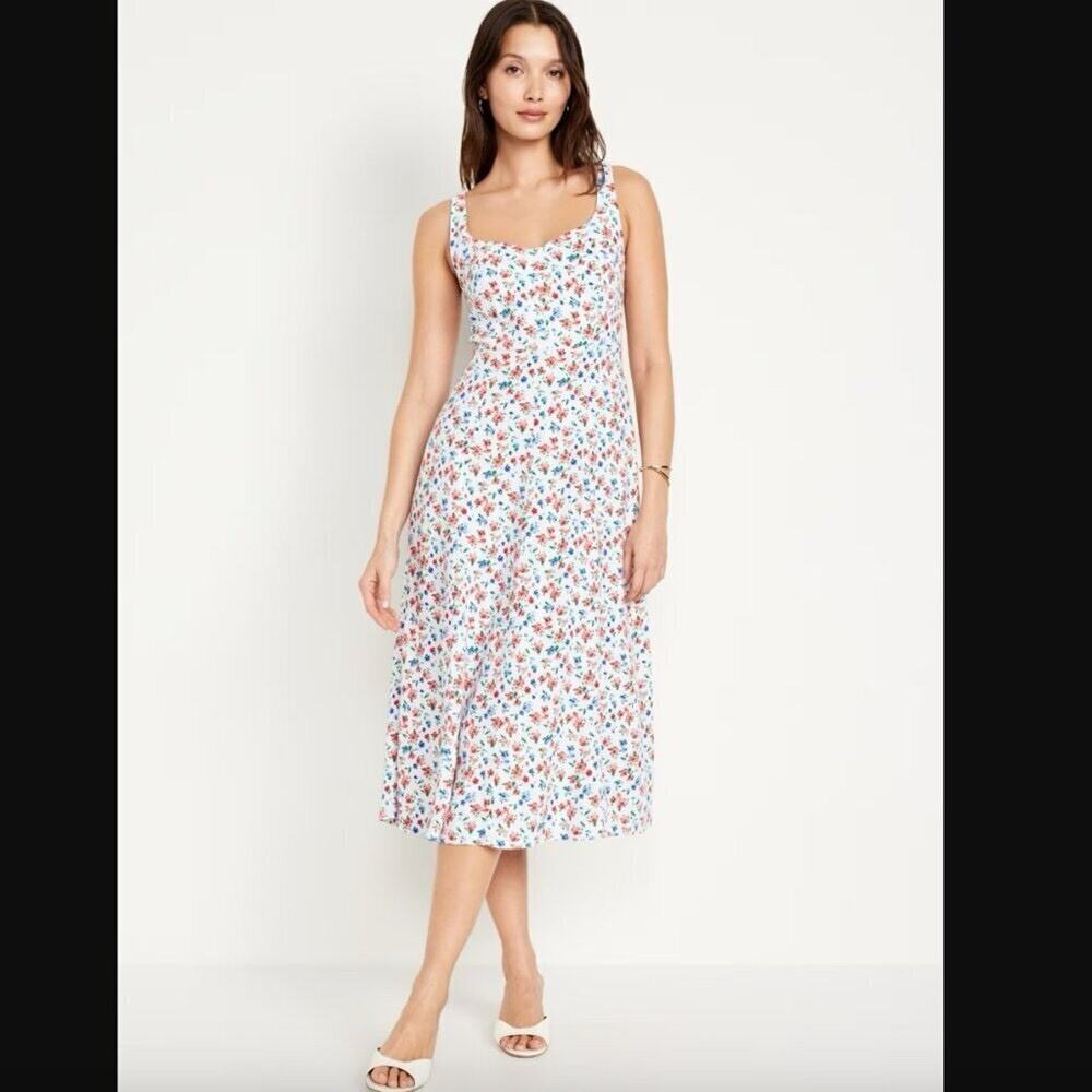 NWT Old Navy Fit & Flare Linen Blend Midi Dress Floral Size Large Cottage Tank
